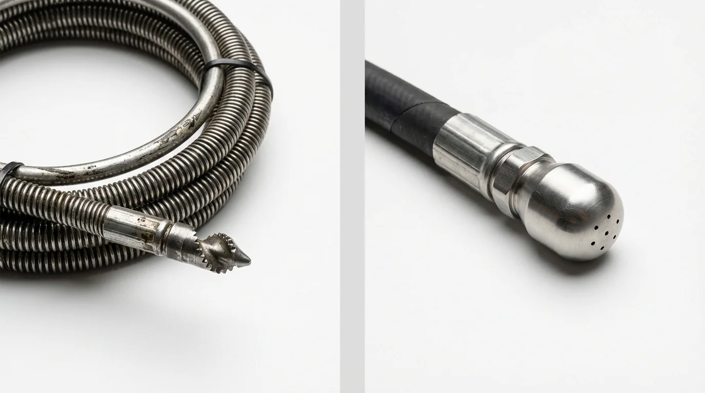 Drain snake cable and hydro jetting nozzle used for drain cleaning in New Castle, CO