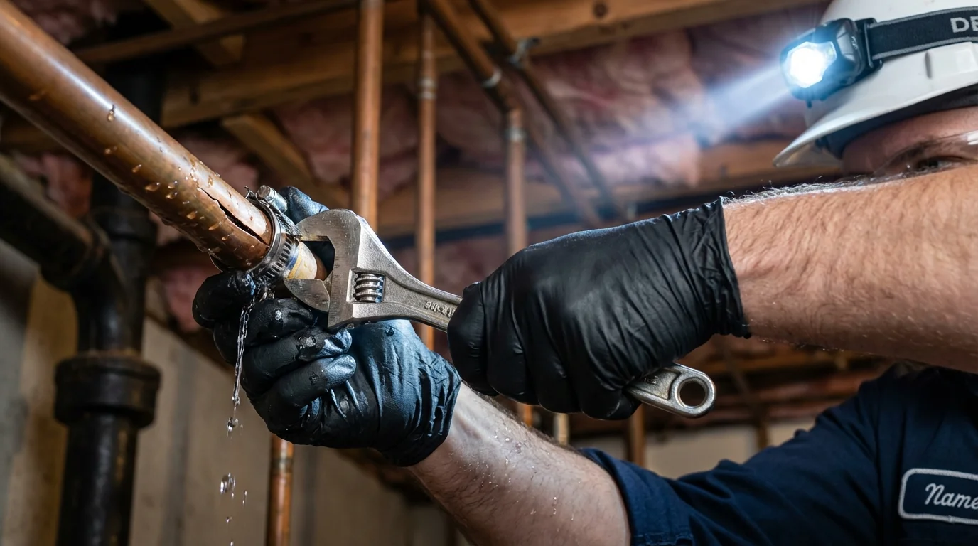 Emergency pipe clamp repair being performed by a Johns Plumbing LLC plumber in New Castle