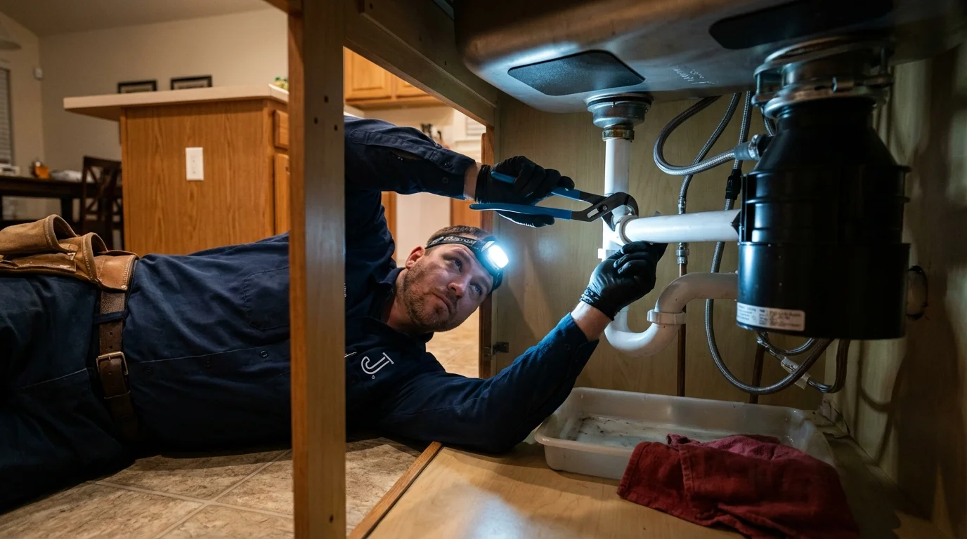 P-trap and supply line connections under a kitchen sink showing a common leak point in New Castle, CO